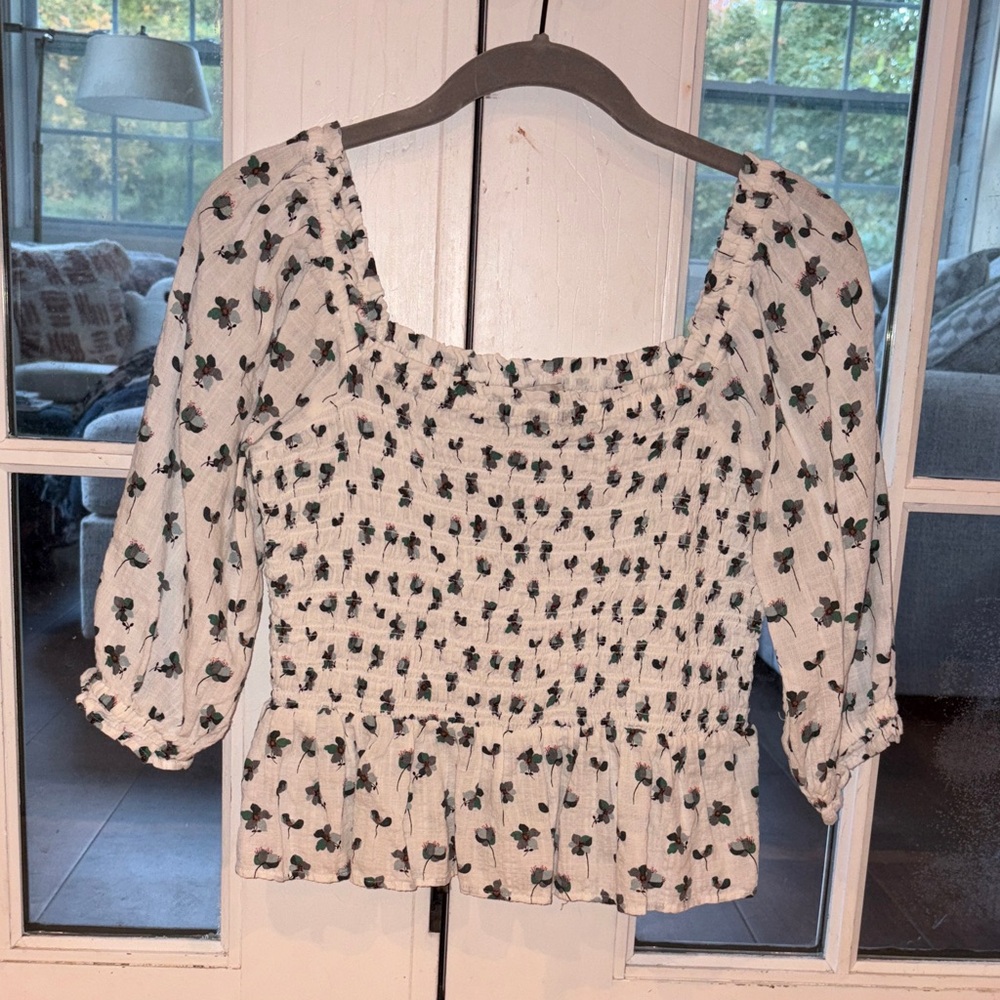 LOFT White Floral Smocked Blouse